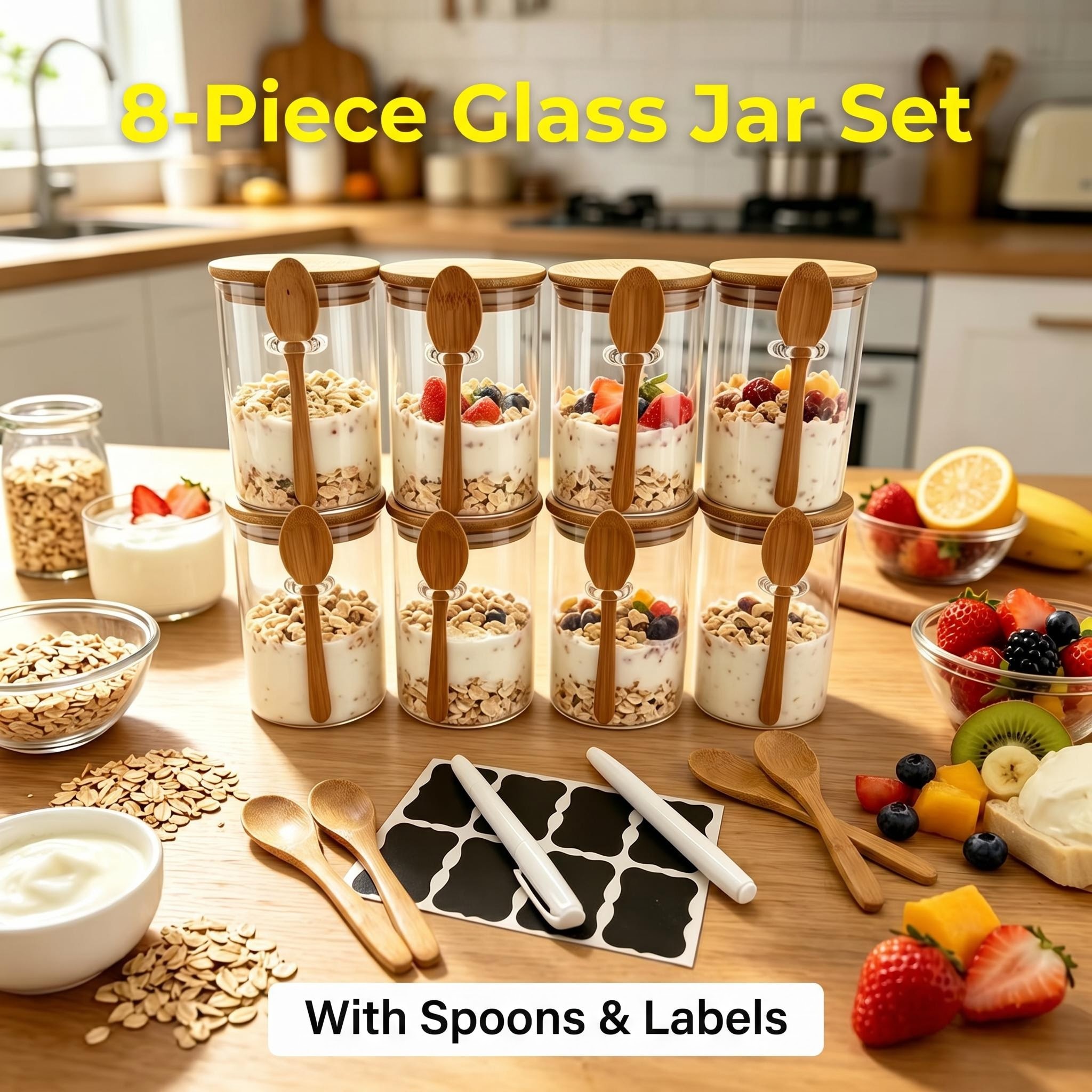 Meal Prep Yogurt Cups - 8 Pack Overnight Oats Glass Jars