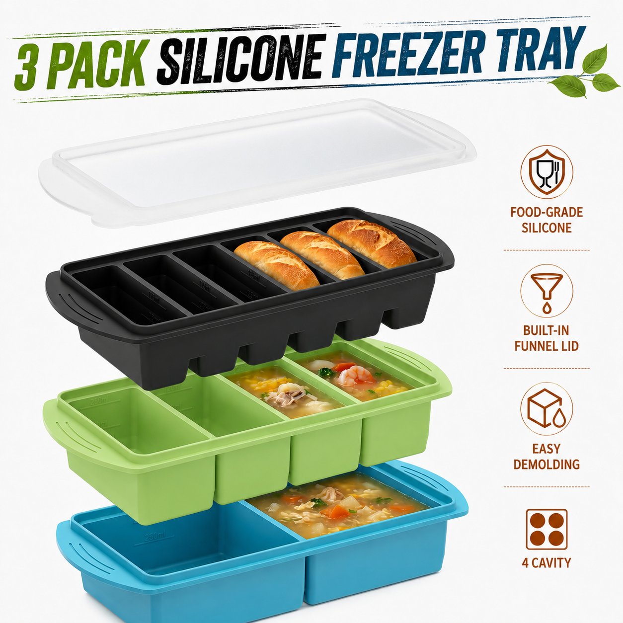 Meal Prep Kit - 3 Pack Silicone Freezer Trays Set