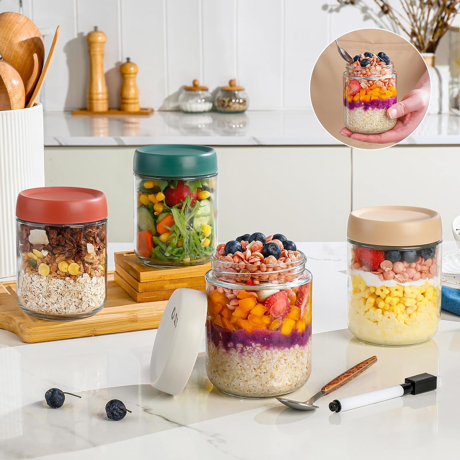 Glass Overnight Oats Container - Meal Prep Jars With Lids ulasan dan harga